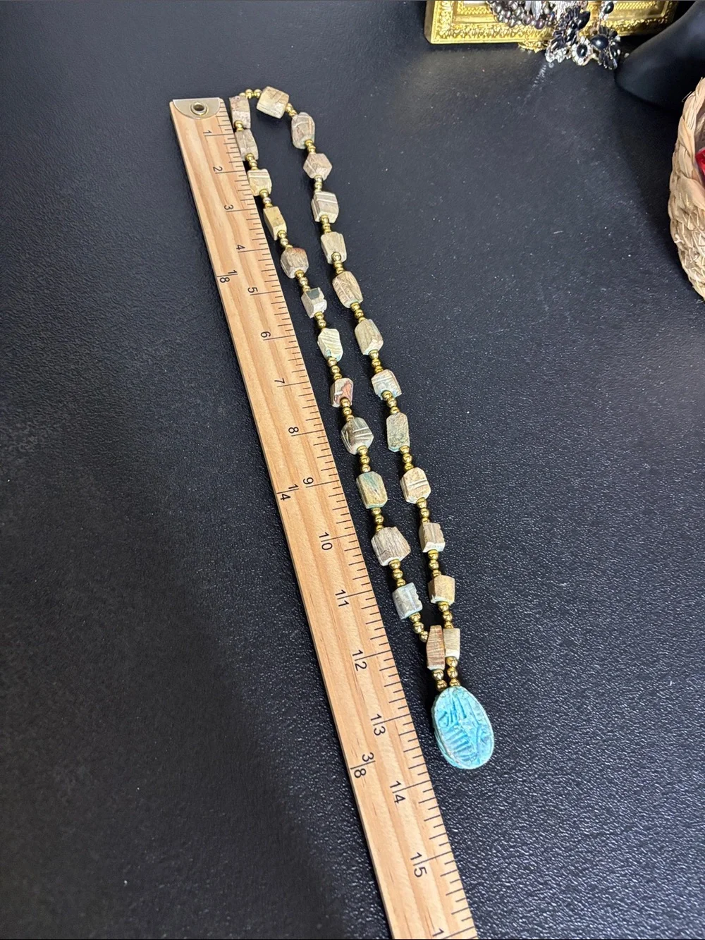 Handcrafted Scarab Blue-Green Stone Pendant Necklace with Gold Beads - Picture 6 of 7